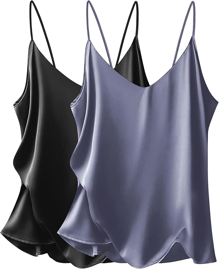Ekouaer Women's 2 Pcs Satin Camisole Silky Pajama Tank Tops V Neck Soft Spaghetti Strap Loose Basic Sleepwear