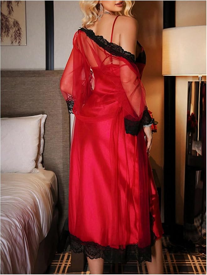 OYOANGLE Women's Mesh Robe Set 2 Pieces Pajamas Sets Sexy Soft Robe with Silk Satin V Neck Cami Dress Nightgown