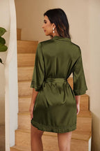 Ekouaer Women's Lace-Trim Silk Robes Bride Bridesmaid Kimono Satin Bathrobe V Neck Sleepwear with 3/4 Sleeve