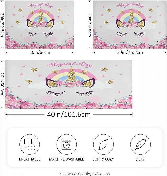 Cute Unicorn Girl Print Satin Pillowcase for Hair and Skin, Unicorn and Pink Flowers Silk Pillow Case with Envelope Closure, King Size 20x40 inches, White, 1 PC