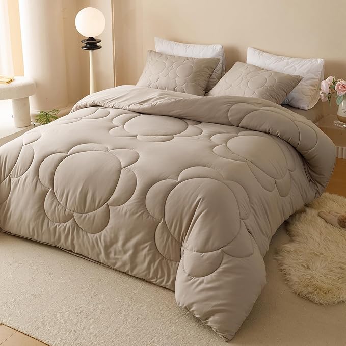Luxlovery Beige Coffee Comforter Set Full Light Khaki Sunflower Bedding Comforter Mocha Coffee Bedding Comforter Set Boho Farmhouse Modern Bedding Set Full Size