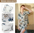 WJing Yi Jia 4Pcs Womens Satin Silky Pajama Sets Short Sleeve Shirt XS-4XL Floral Pajamas Set Soft PJ Loungewear Sleepwear