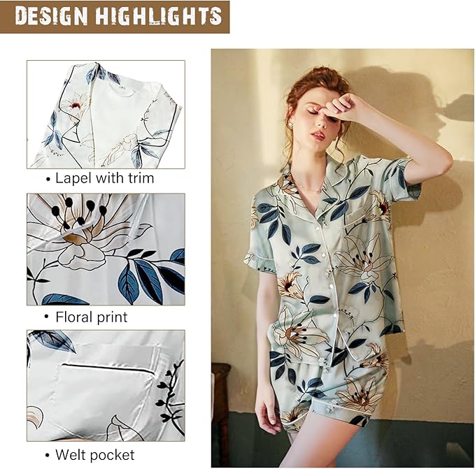 WJing Yi Jia Womens Silk Satin Pajamas Loungewear Two-Piece Sleepwear Button-Down Floral Pj Set XS-4XL
