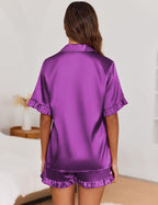 Ekouaer Satin Pajama Set for Women Button Down Silk 2 Piece Pj Sets Ruffle Short Sleeve Sleepwear