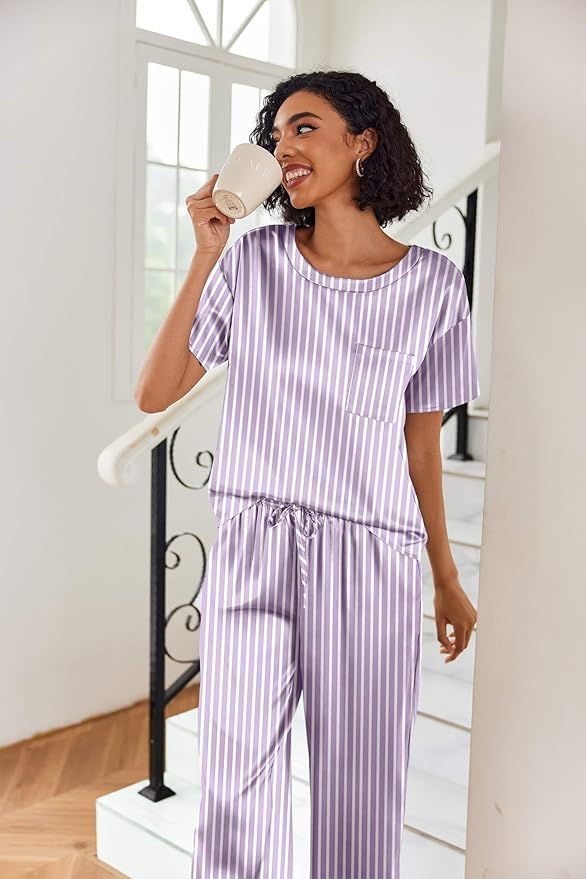 Ekouaer Womens Satin Silky Pajama Set Short Sleeve Shirt with Long Pajama Pant Set Soft PJ Loungewear