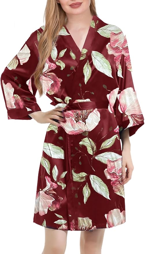 WJing Yi Jia Womens Satin Kimono Robe Silky Robes Floral Bathrobe Bride Bridesmaid Wedding Bridal Dressing Gown Loungewear
