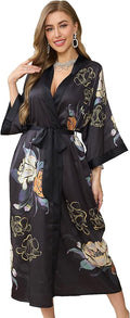 Kihnop Women's Floral Long Kimono Robe Long Satin Robe Long Silk Robe Ladies Kimonos Silky Bathrobe Cover Up, One Size