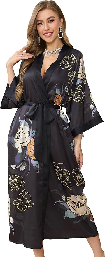 Kihnop Women's Floral Long Kimono Robe Long Satin Robe Long Silk Robe Ladies Kimonos Silky Bathrobe Cover Up, One Size