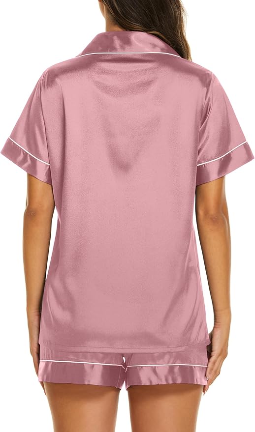 Ekouaer Silk Pajamas for Women Short Sleeve Sleepwear Soft Button Down Loungewear 2 Piece Satin Pjs Shorts Set