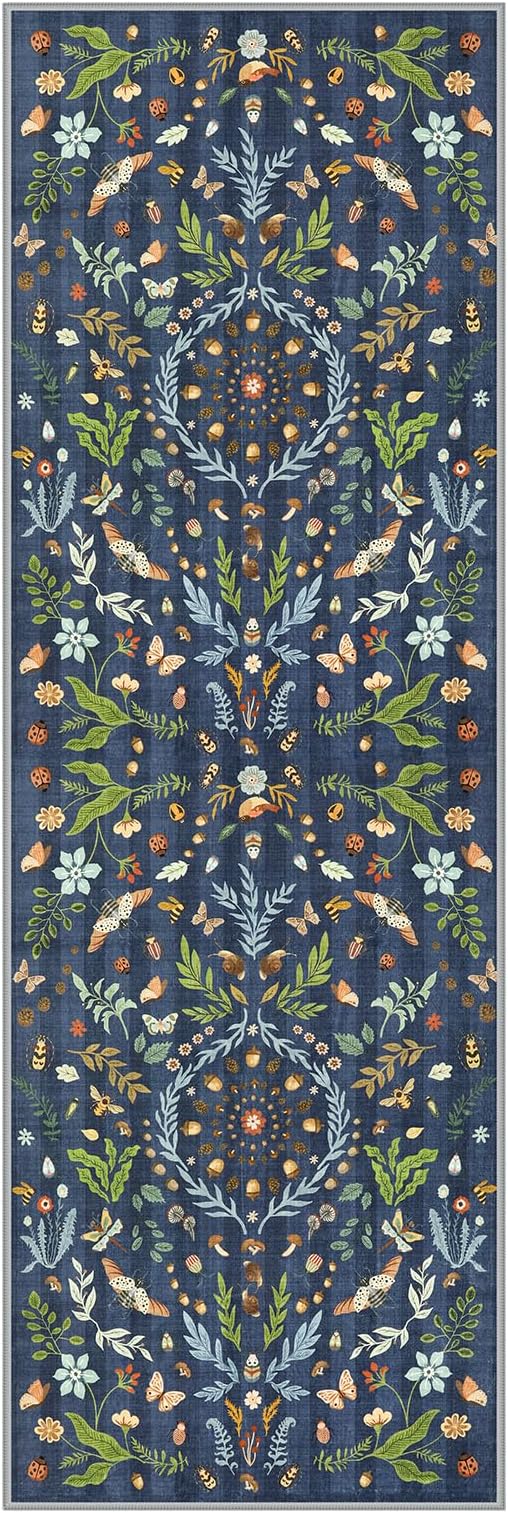 Lahome Chloe Insect Botanical 2x6 Runners for Hallways Non Slip, Blue Bathroom Kitchen Runner Rugs Non Skid Washable, Boho Soft Indoor Carpet for Entryway Laundry Bedroom(Dark Blue,2x6)