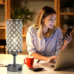 Hong-in Gray Crystal Lamp Touch Control Set of 2, Crystal Table Lamps with USB C+A Ports & AC Outlet, 3-Way Dimmable Nightstand Touch Lamp, Modern Bedside Table Lamp for Bedroom(Bulbs Included)