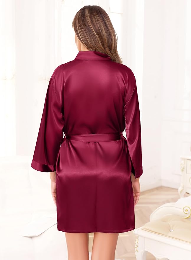 Women's Robes Satin Bathrobe Lightweight Short Silk Kimono V-Neck Bride Bridesmaids Loungewear
