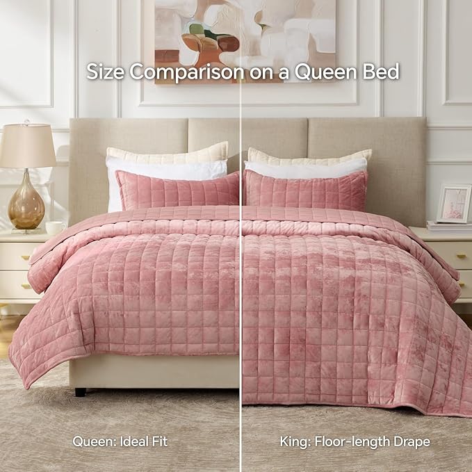 BEDELITE Velvet Quilt Set King Size - Luxury Velvet Comforter Bedding Set 3 Pieces, Lightweight Soft Cozy Rose Pink Oversized Bedspread Coverlet for All Seasons with 2 Pillow Shams