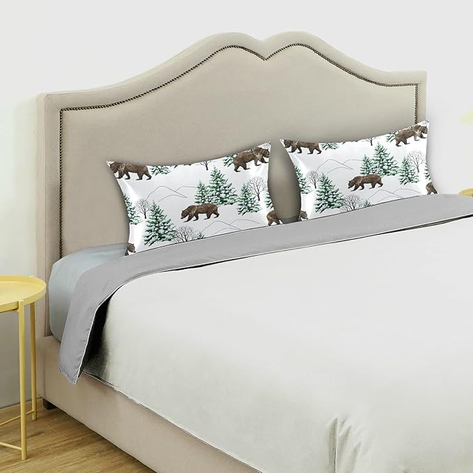 Bear Print Satin Pillowcase Queen Size, Winter Forest Silk Pillow Case with Envelope Closure, Satin Pillowcase for Hair and Skin, 20x40 inches, White, 1 PC