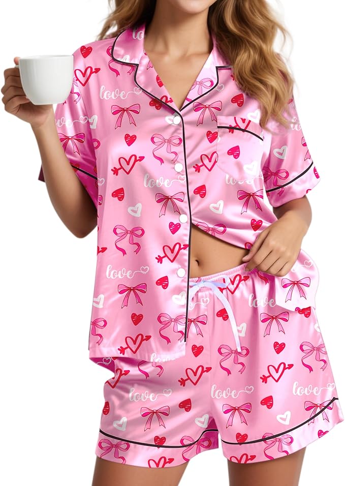 Womens Silky Pajama Sets Short Sleeve Loungewear 2 Pcs Satin Soft Pj Sets Button Down Women's Summer Sleepwear