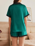 Ekouaer Womens Silk Satin Pajama Set Short Sleeve PJs 2 Piece Button Down Top and Shorts Notch Collar Sleepwear Sets Soft Pjs