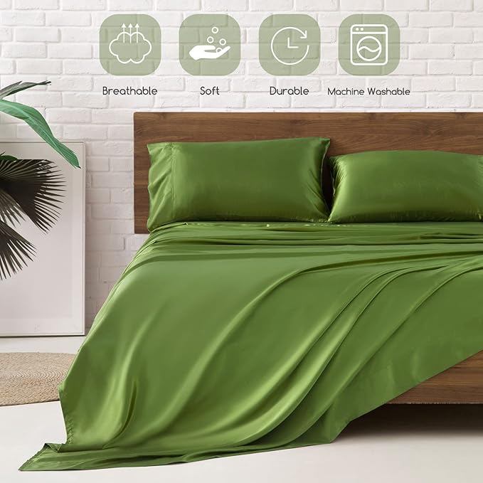 MR&HM Satin Bed Sheets, Queen Size Sheets Set, 4 Pcs Silky Bedding Set with 15 Inches Deep Pocket for Mattress (Queen, Sage)