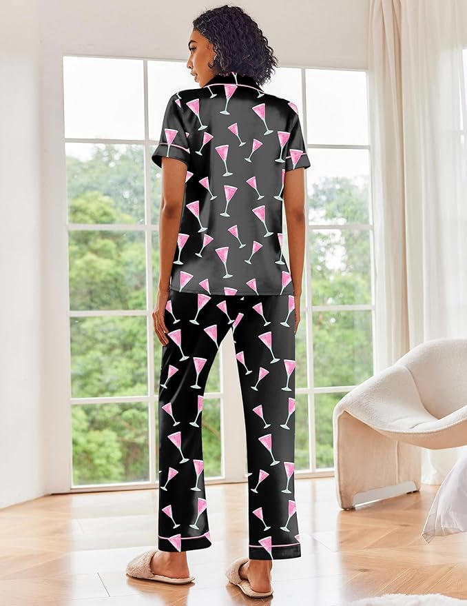 Ekouaer Silk Satin Pajamas Set Women Short Sleeve Sleepwear Soft Button Down Loungewear Pjs Set