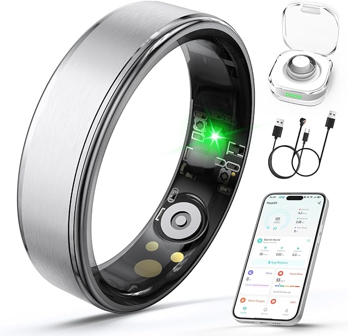 Smart Ring for Women Men, Health Fitness Tracker Ring with Heart Rate/Sleep Tracker/Blood Oxygen/HRV/Stress/Calorie/Steps, IP68 Waterproof for iOS & Android, No APP Fees(Silver,7#)