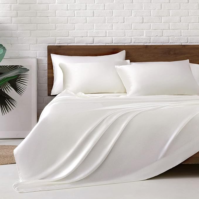 MR&HM Satin Bed Sheets, Full Size Sheets Set, 6 Pcs Silky Bedding Set with 15 Inches Deep Pocket for Mattress (Full, Ivory)