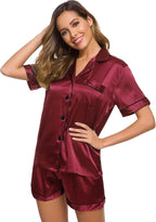SWOMOG Womens Silk Satin Pajamas Set Short Sleeve Sleepwear Button Down Top and Shorts Loungewear 2 Piece Pjs Set XS-3XL