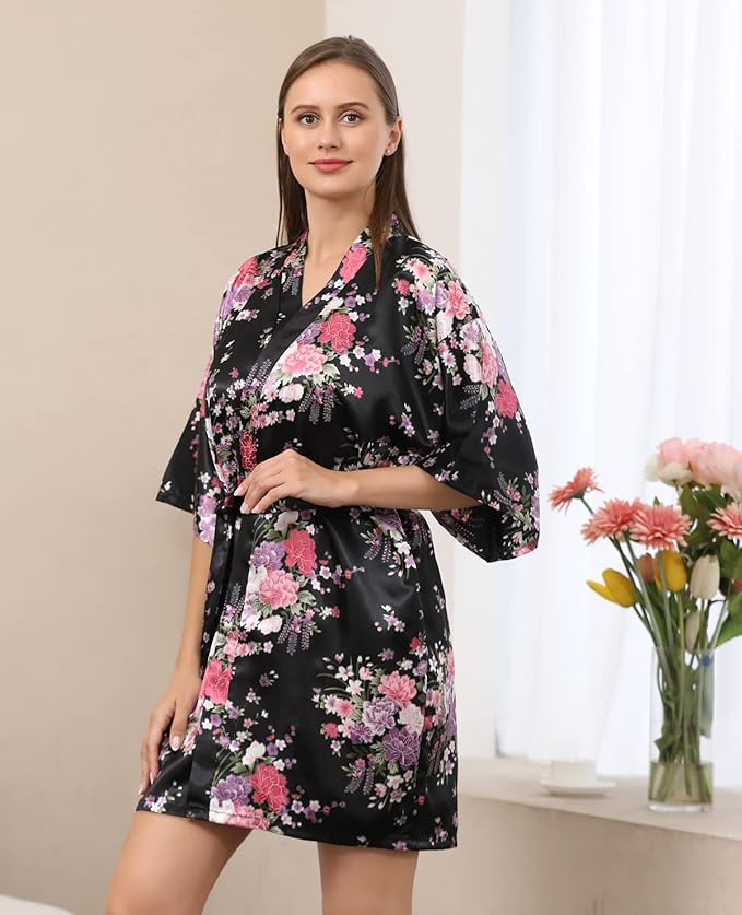 QXQTER Peony Floral Silky Satin Robe Wedding Bridal Party Bride Bridesmaid Robes for Women Dressing Gown Kimono Robe