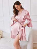 Ekouaer Women's Satin Robe Short Ruffle Hem Silky Robes Lightweight Kimono Brides Bathrobes Sleepwear XS-XXL