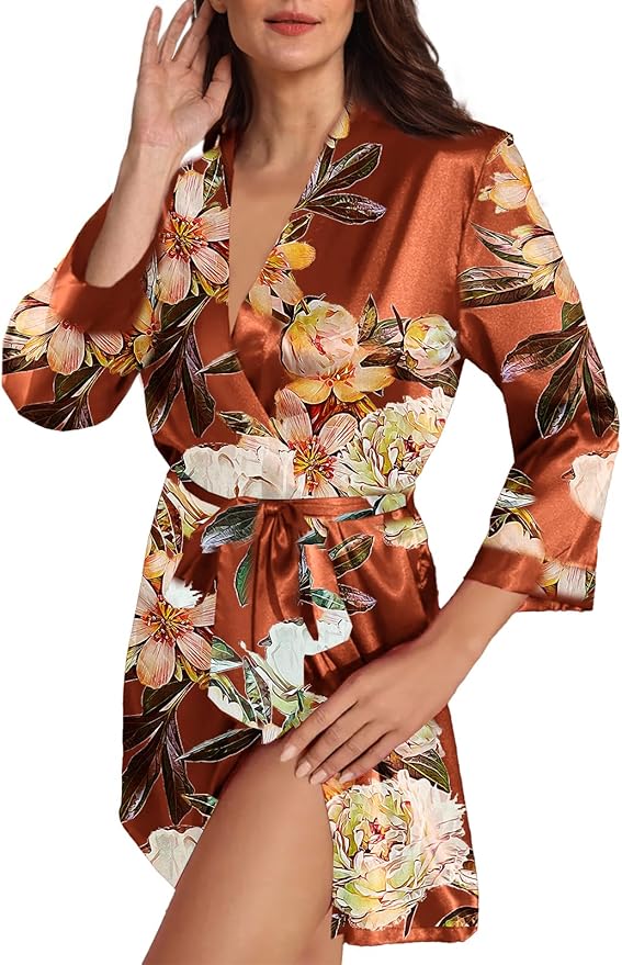 WJing Yi Jia Womens Satin Kimono Robe Silky Robes Floral Bathrobe Bride Bridesmaid Wedding Bridal Dressing Gown Loungewear