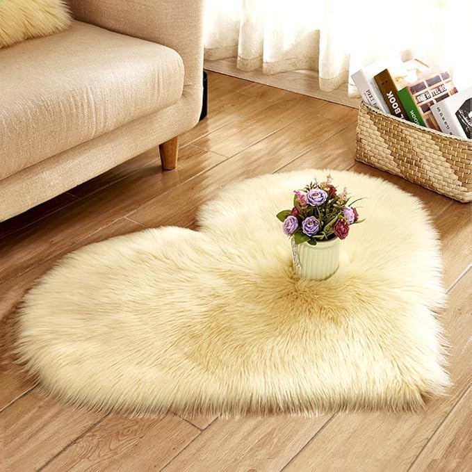 Faux Fur Sheepskin Heart Shaped Area Rugs, 12"x16" Luxurious Wool Love Floor Carpets Bathroom Non-Slip Mat for Home Decor Nursery Living Room Bedroom Pet Kids and Baby Room (Light Yellow)