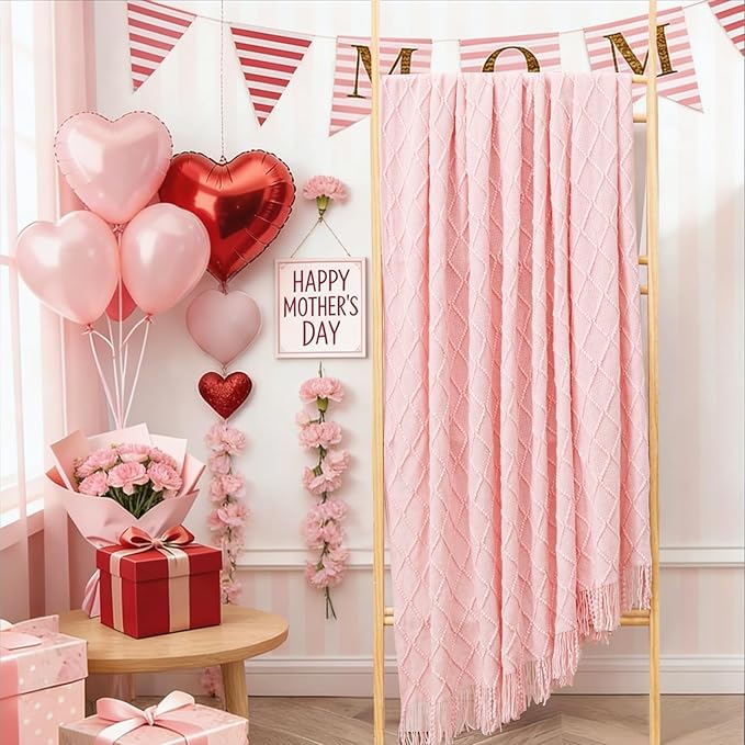 inhand Pink Knitted Throw Blanket for Couch Bed,Mothers Day/Mom Birthday Gifts for Mom from Daughter Son,Romantic Decor for Her Him Girlfriend Wife, Farmhouse Warm Woven for Women,60"x80"