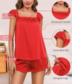 Satin Pajama Set for Women 2 Piece Silk Pjs Ruffle Sleeve Top and Shorts Cute Bridal Sleepwear Set S-XXL