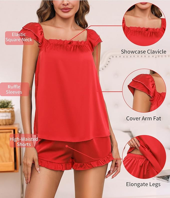 Satin Pajama Set for Women 2 Piece Silk Pjs Ruffle Sleeve Top and Shorts Cute Bridal Sleepwear Set S-XXL
