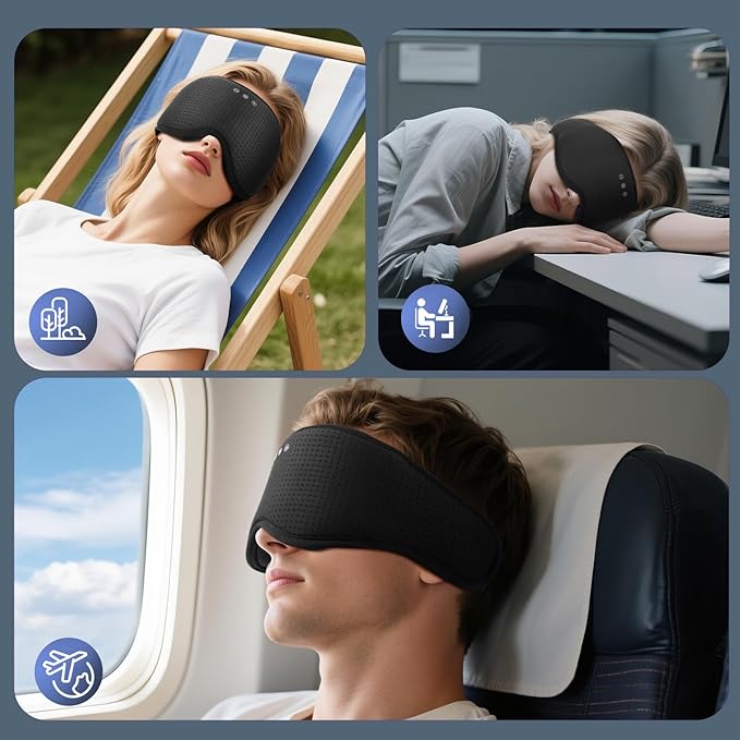 Sleep Mask with Bluetooth 5.4 Headphones, Removable 3D Eye Cups, Timing Sleeping Headphones for Side Sleepers, Wireless Music Eye Mask Speakers for Men, Women, Tech Gifts, Black
