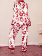 WDIRARA Women's 2 Piece Bowknot Print Satin Pajama Set Long Sleeve Button Down Lounge Pants Sleepwear Sets
