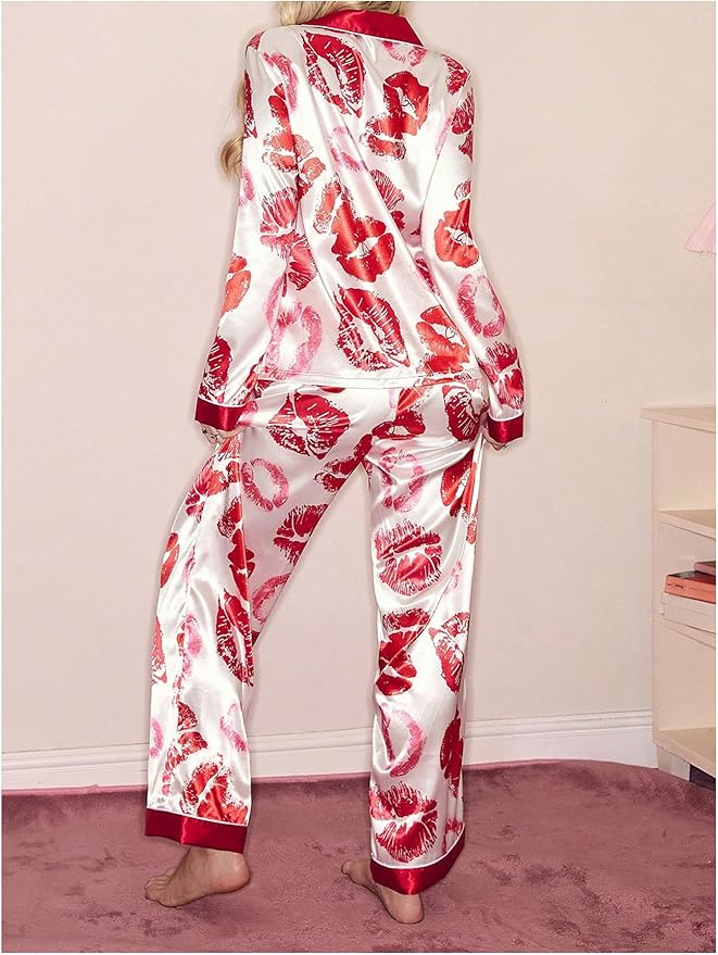 WDIRARA Women's 2 Piece Bowknot Print Satin Pajama Set Long Sleeve Button Down Lounge Pants Sleepwear Sets
