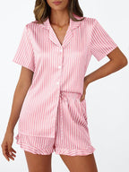 LILLUSORY Womens Satin Silk Pajamas Set 2 Piece Ruffle Pjs Winter Matching Lounge Sleepwear Button Down Striped Shirt Shorts