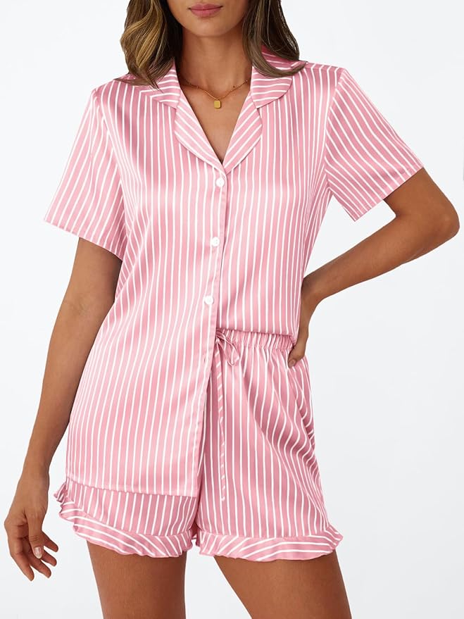 LILLUSORY Womens Satin Silk Pajamas Set 2 Piece Ruffle Pjs Winter Matching Lounge Sleepwear Button Down Striped Shirt Shorts