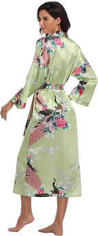 Valennia Women Long Silky Bathrobe Satin Kimono Robe Floral Printed Dressing Gown Sleepwear