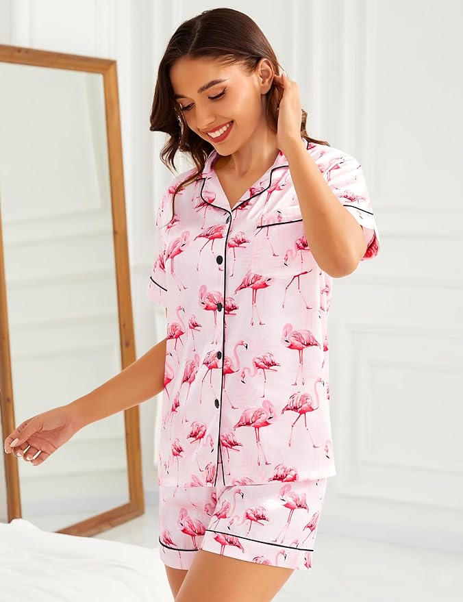 SWOMOG Womens Silk Satin Pajamas Set Short Sleeve Sleepwear Button Down Top and Shorts Loungewear 2 Piece Pjs Set XS-3XL