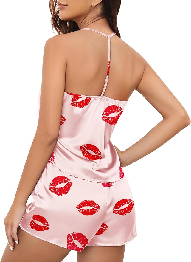 Ekouaer Silk Satin Pajamas Set for Women T-back Lingerie Pjs Cami Top and Shorts Sleepwear Gift for Honeymoon Party