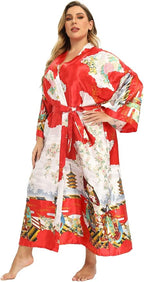 Women's Floral Long Satin Robes Plus Size Long Silk Robes Peacock Floral Kimonos Sleepwear Dressing Gown