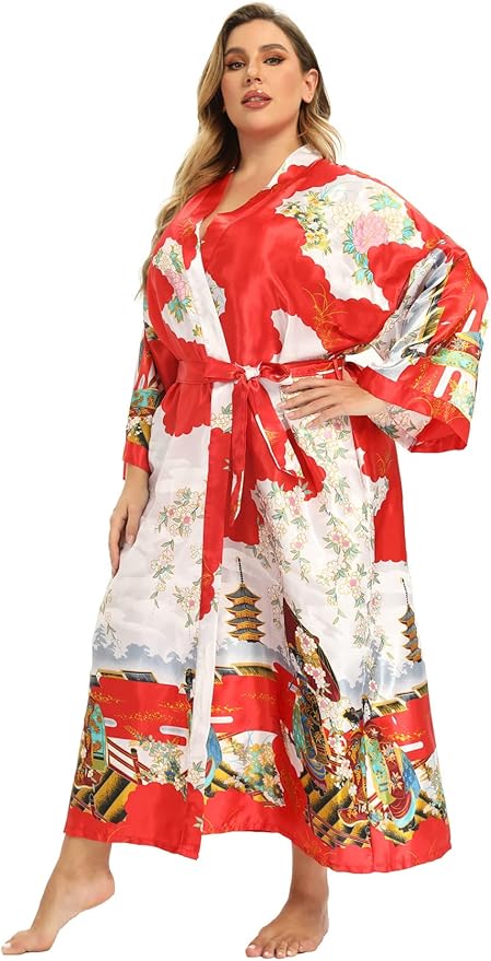 Women's Floral Long Satin Robes Plus Size Long Silk Robes Peacock Floral Kimonos Sleepwear Dressing Gown