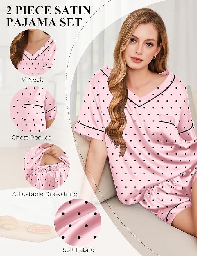 Silk Pajamas for Women Short Sleeve Satin 2 Piece Pj Set Soft V Neck Sleepwear Loungewear, S-XXL