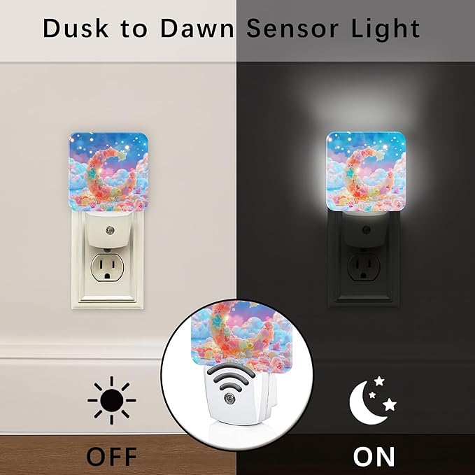 Crescent Moon Night Lights Plug Into Wall, Fanciful Playful Stars Clouds N/a Pastel Peach Led Night Lights Plug Into Wall Outlet for Bathroom Hallway Stairs Decor 2pcs
