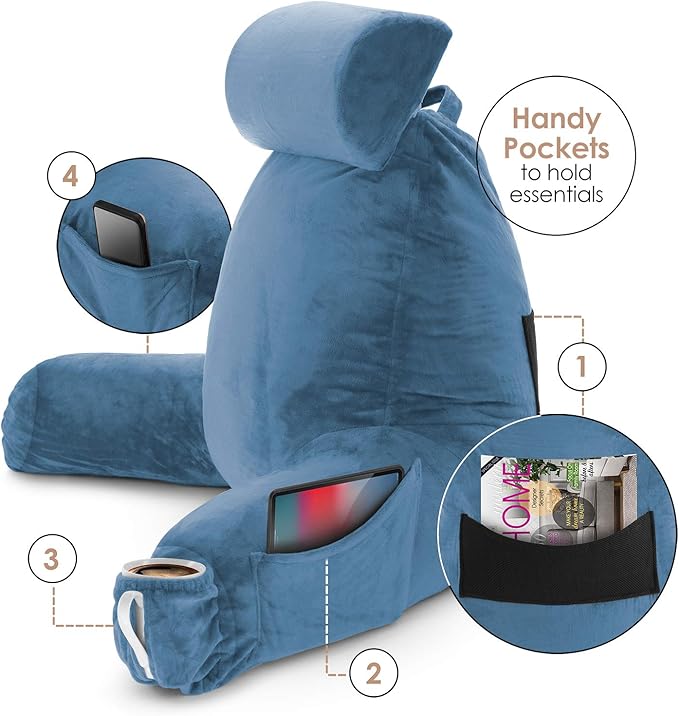 Clara Clark Reading Pillow with Shredded Memory Foam Includes 2 Neck and Lumber Support Pillows Designed for Sitting Up in Bed and Couch Back and Arms Adjustable Support for Adults & Teens Blue Heaven