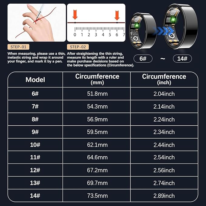 Ring Health Tracker for Women Men, Fitness Ring with Heart Rate, Blood Oxygen, Sleep Monitor, Calories, Step Counter, IP68 Waterproof Smart Ring for iPhone & Android, No Subscription Fee (Black, 13#)