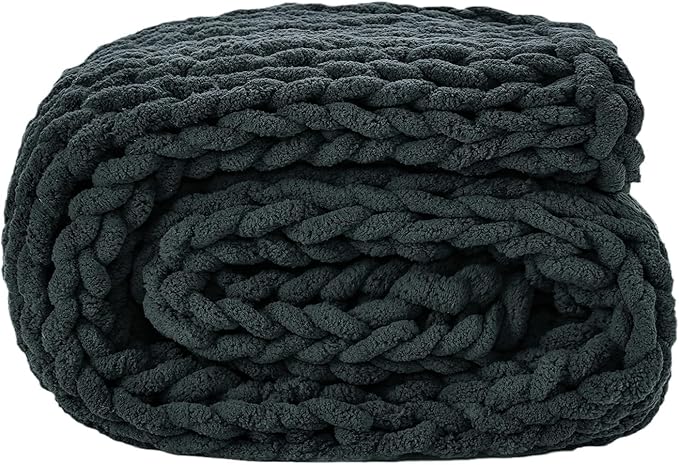 YAAPSU Chunky Knit Throw Blanket for Couch, 51"x63", 100% Hand Knitted Thick Cable Knit with Cozy Jumbo Chenille Yarn, Soft Large Rope Knot Crochet Blankets for Sofa Bed Living Room Décor, Black Grey