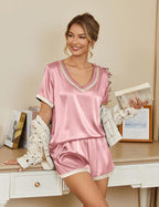 Ekouaer Silk Pajamas for Women Short Sleeve Satin Sleepwear Soft 2 Piece Pjs Shorts Set Loungewear,S-XX