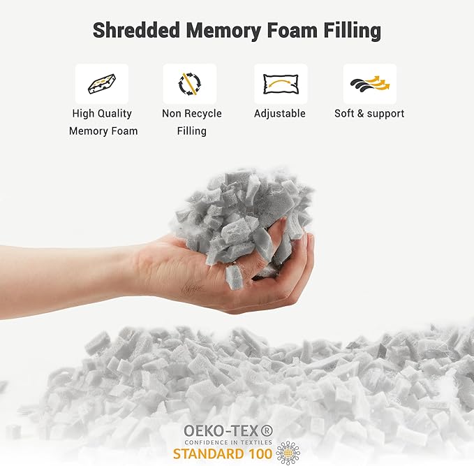 WOLKI Queen Size Pillows Set of 2 Shredded Memory Foam Pillows 2 Pack, Adjustable Firm Pillow for Side Sleepers, Back, Stomach, Hot Sleepers (20x30)