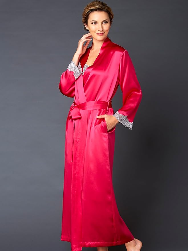 Julianna Rae Women's 100% Silk Robe, Lace Trim, Indulgence Collection, Lingerie, Beautiful Gift Packaging